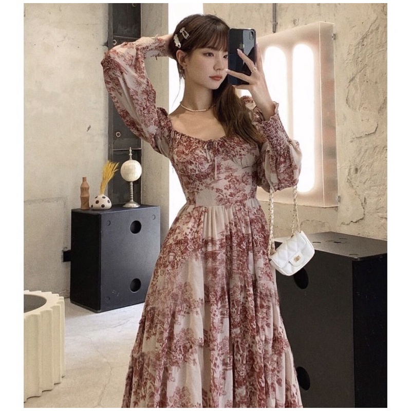 Delia 데리아 Floral Dress Bohemian Korean Maxi Lengan Panjang Hijab Black Brown Stretch Ribbon Kerut Re