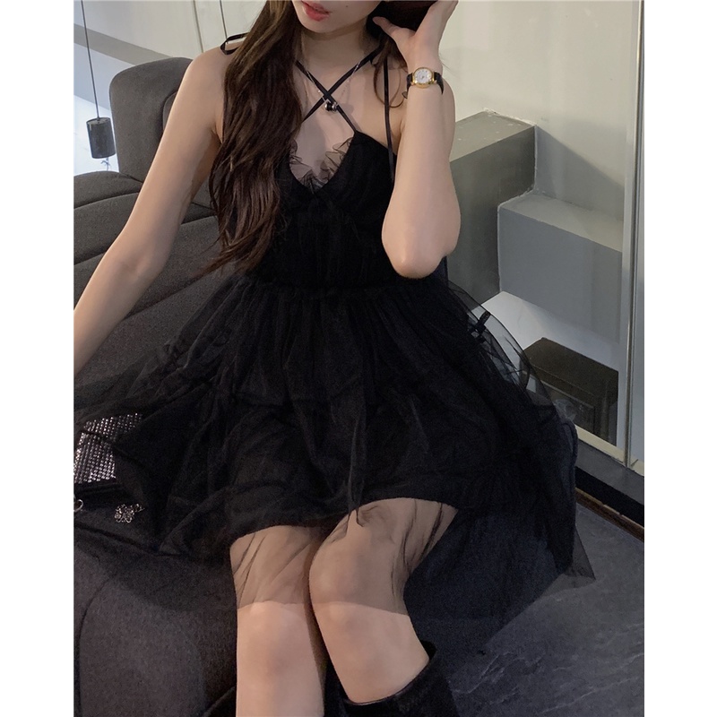 Mini Dress black mesh v-neck suspender dress wanita musim panas 2022 baru murni keinginan untuk meng