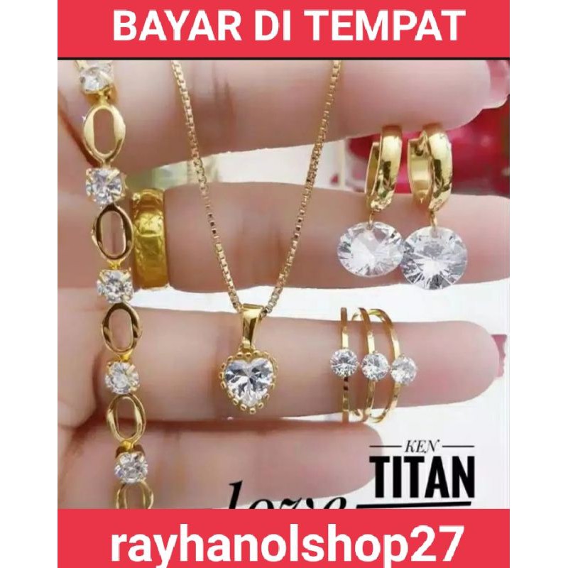 SET PERHIASAN TITANIUM 2523a FULL PERMATA PUTIH LAPIS EMAS 22 K GOLD