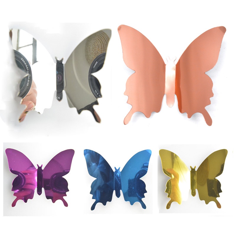 12pcs / set Stiker Dinding Decal Desain Kupu-Kupu 3D Dengan Efek Cermin DIY Butterfly