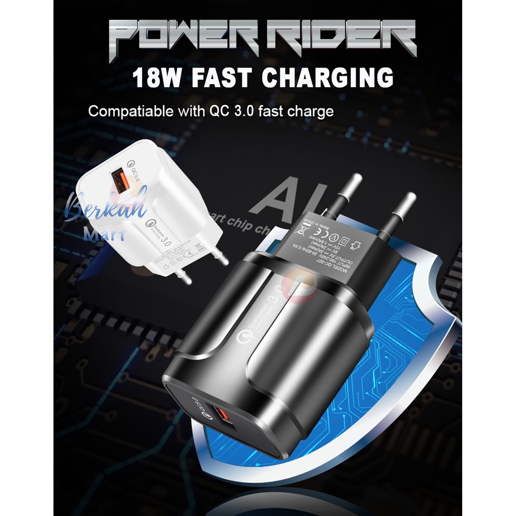 Charger POWER RIDER Qualcomm QC 3.0 18W Fast Charging Travel Adaptor Charger USB Flash Charge LZ-023