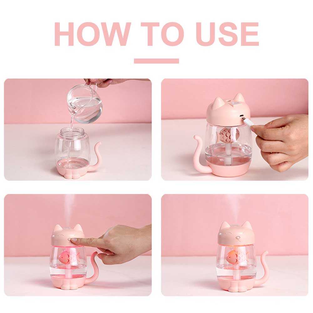 3 in 1 Humidifier 350ml Karakter Kucing Kitty Lucu Pink Transparan Ikan Di Dalam Perut