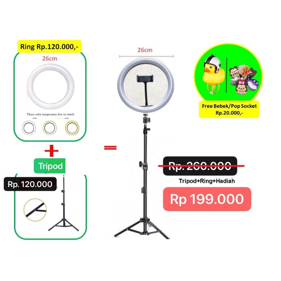 TRP-010 Lampu Ring Light 26 CM TRIPOD 2.1 Meter Live Vlog Make Up LED