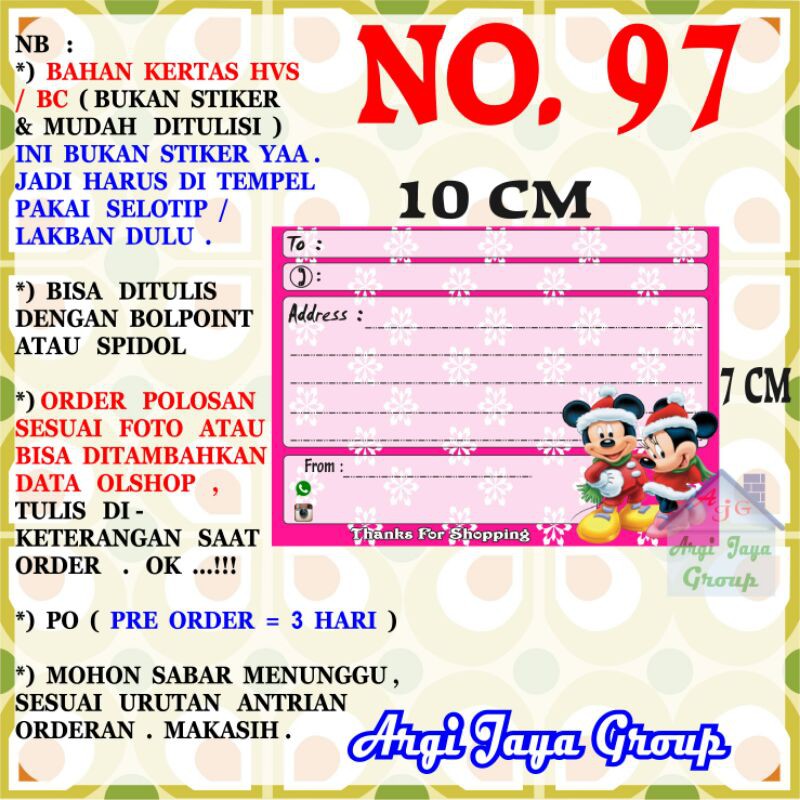 

Label Pengiriman Alamat Olshop Murah Nomer 97 - 10x7cm - Kertas BC (Manila)