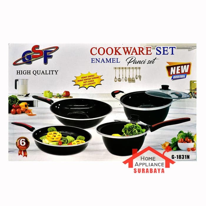 Panci Set Teflon Enamel GSF Cookware Set Tutup Kaca GSF-1831 / GSF1831