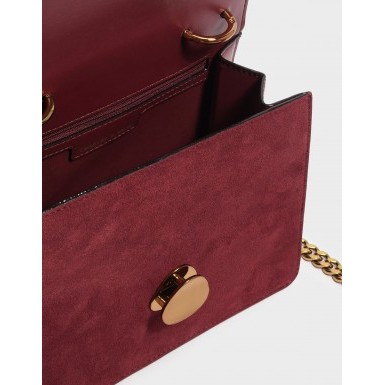 Tas Selempang wanita Medium Velvet Charles and Keith / Woman Metal Detail Front Flap slingbag maroon