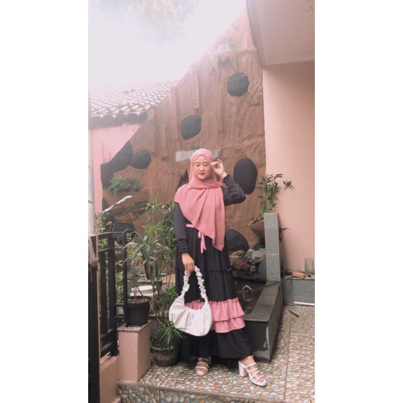 MARIA COLLECTION Rayola Long Dress - Gamis Muslim Remaja Dewasa Busui Style Elegan Bahan Jersey Lemonskin All Size-hitam