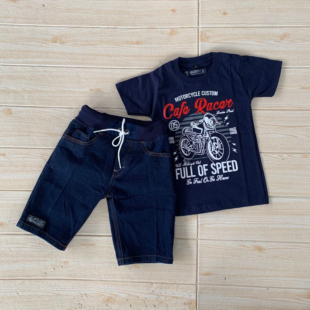 Setelan Jeans Anak Laki Laki Kaos Distro Anak Laki Baju Anak Cowo 1-12 Tahun Cafe Racer Navy Goverti