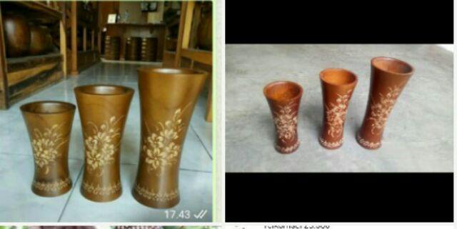 Vas Bunga Kayu Jati Motif Cukit Bunga, Set 3 Pcs.