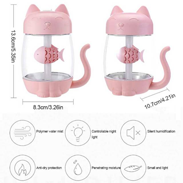 Humidifier Air 3 in 1 Aromatherapy Cat Kitty 350ml with Fan + LED Lamp Pink