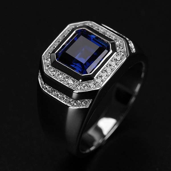 Cincin Perak Mewah Fashion Pria Cincin Tunangan Batu Permata Biru