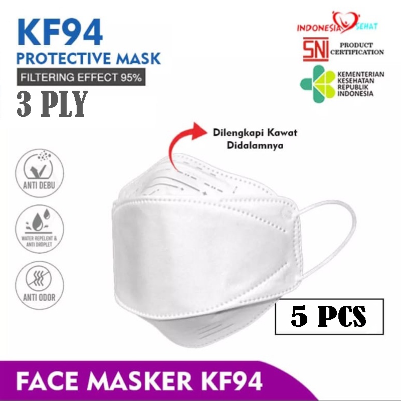 Masker KF94 isi 5pcs &amp;25pcs 3ply Protective Mask Kesehatan Earloop Mask KF 94 Free Konektor Headloop