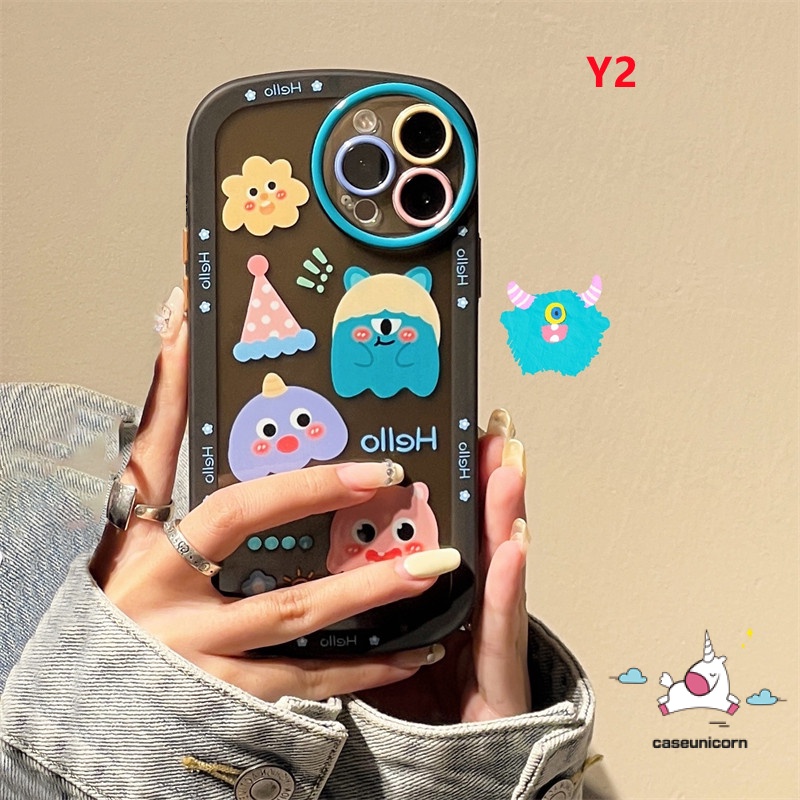 IPHONE Lovely Little Monster Airbag Bulat Pelindung Lensa Phone Case Kompatibel Untuk Iphone 11 14 13 12 Pro MAX XR XS MAX X6 6s 7 8 Plus SE 2020 Grafiti Kartun Lucu Lembut TPU Penutup Belakang