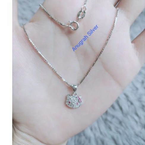 (COD)Kalung anak Itali + liontin hello Kitty mata putih perak asli 925/silver lapisan emas putih murni.