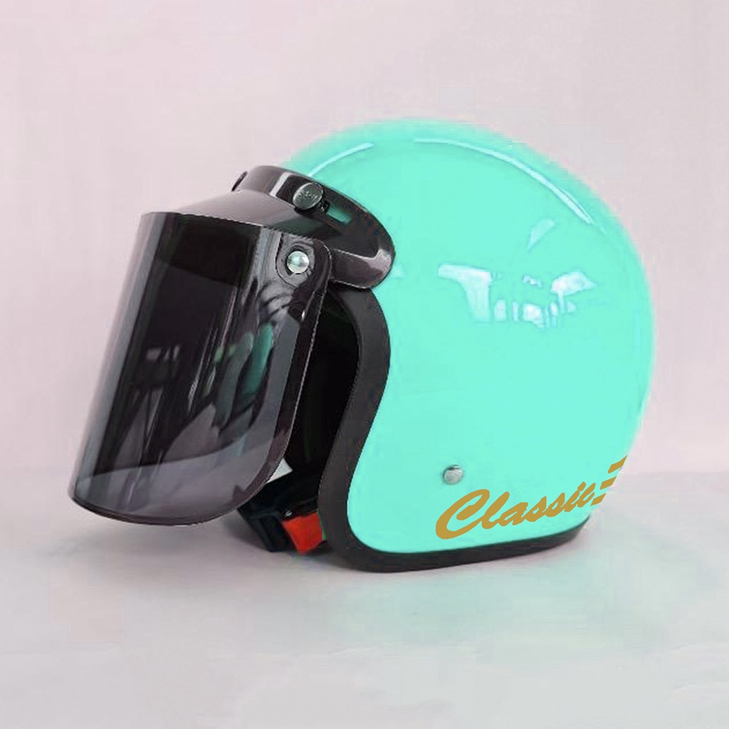 HELM BOGO DEWASA CLASIC GARIS DEWASA POLOS GARIS KACA FLAT DATAR DAN KACA CEMBUNG-toska glos