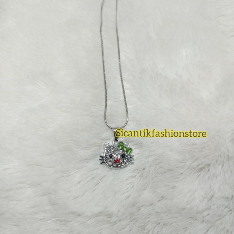 Kalung Titanium Silver liontin hello Kitty permata Fashion wanita terlaris anti Karat tidak luntur
