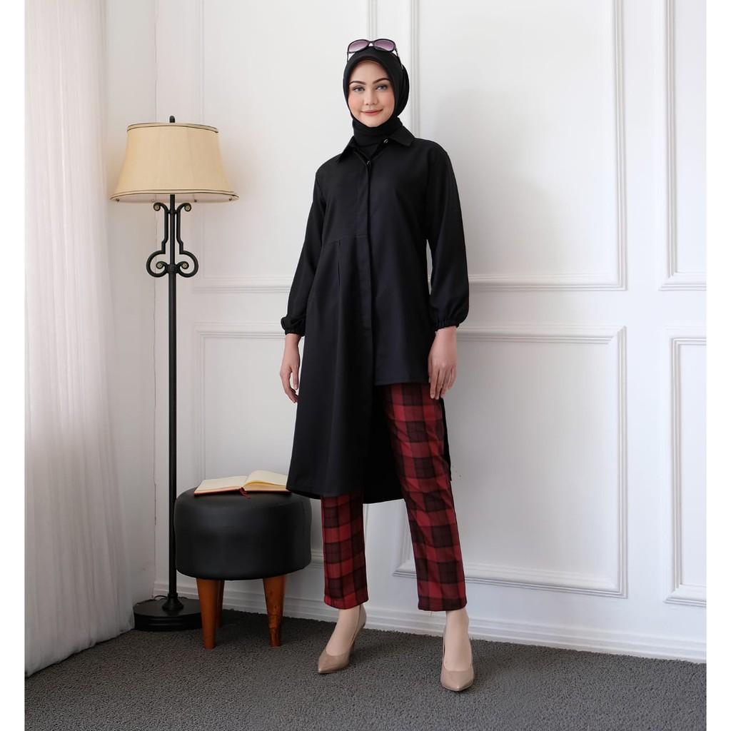 SETELAN TUNIK DAN CELANA KOTAK-KOTAK BAHAN KATUN