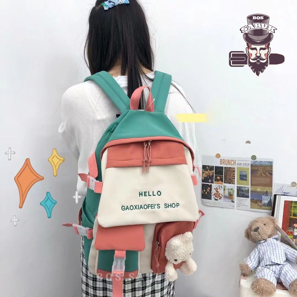 Tas Sekolah Korean Style Tas Ransel Wanita Backpack Korea Fashion Tas Wanita  -BS184-Hijau Boneka