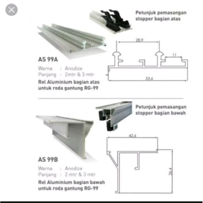 Paket rel Sliding Gantung Huben RG 99 Untuk 2 Daun Pintu