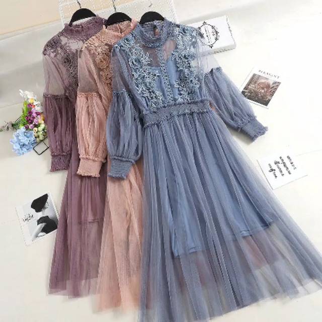 Dress lengan panjang lentera bahan lace mesh MD