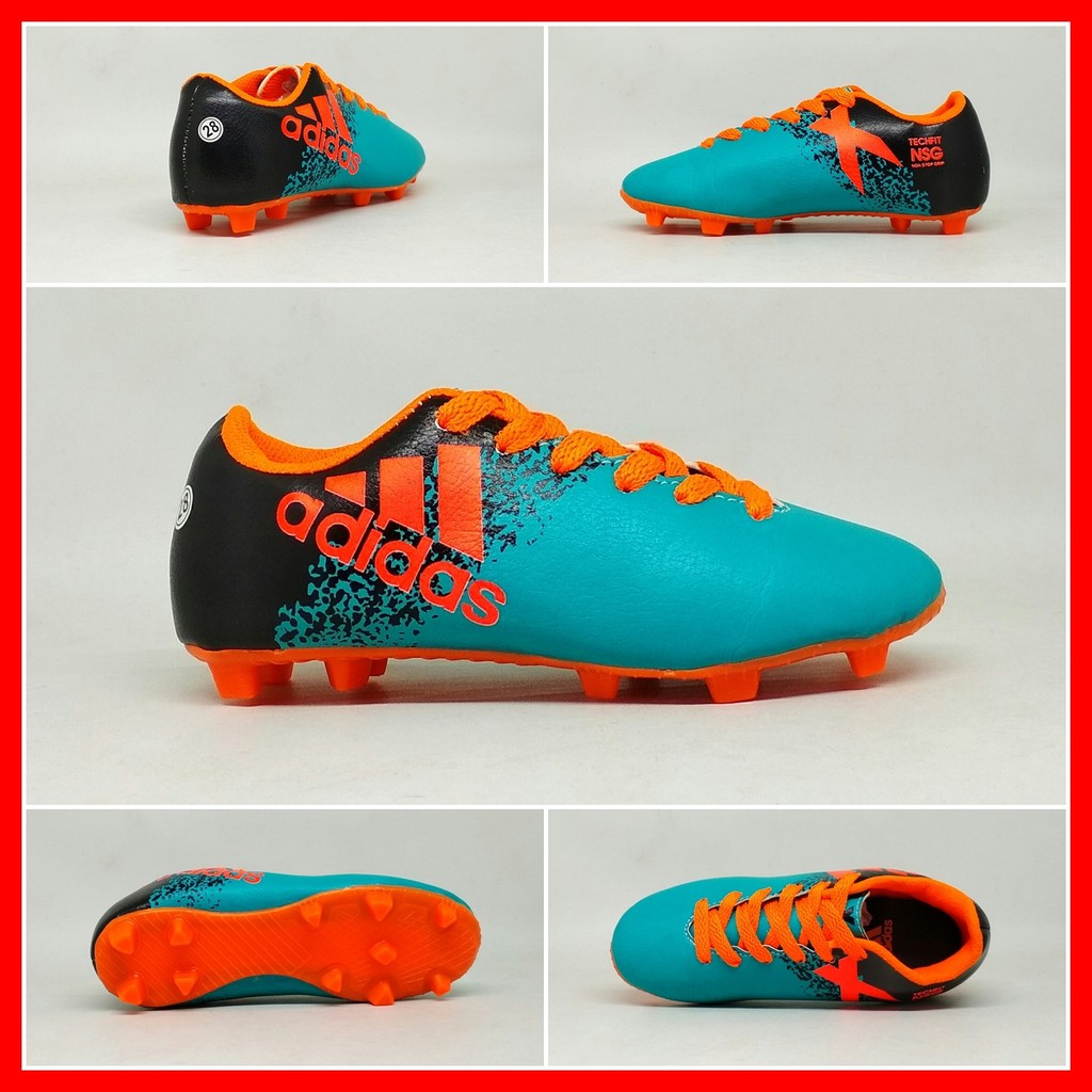 Sepatu Sepak Bola Anak Adidas X Techfit Hitam Hijau Tosca List Orange Baby