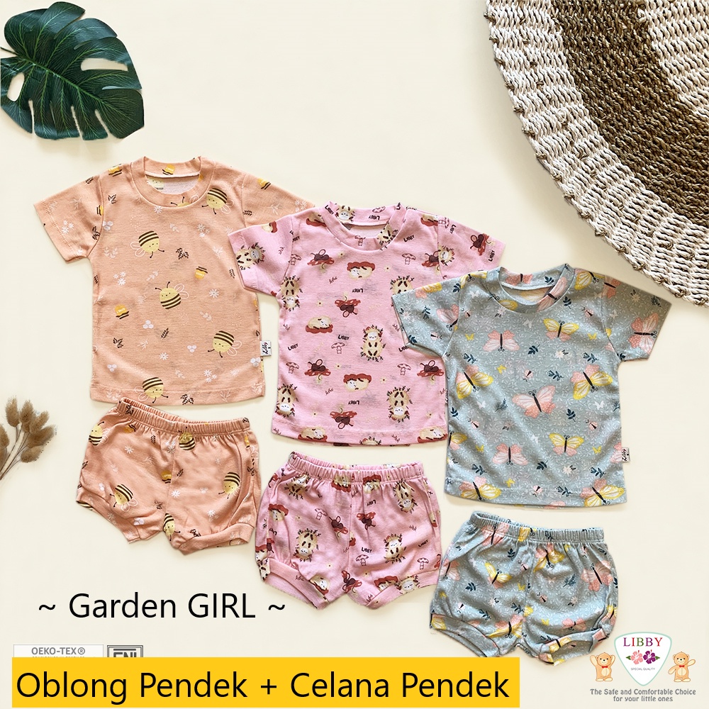 [BUNDLE HEMAT 3stel GIRL ] LIBBY (3stel) Stelan Atasan PENDEK + Celana PENDEK Oblong Cotton Tipis Motif Print GIRL (0-19kg)