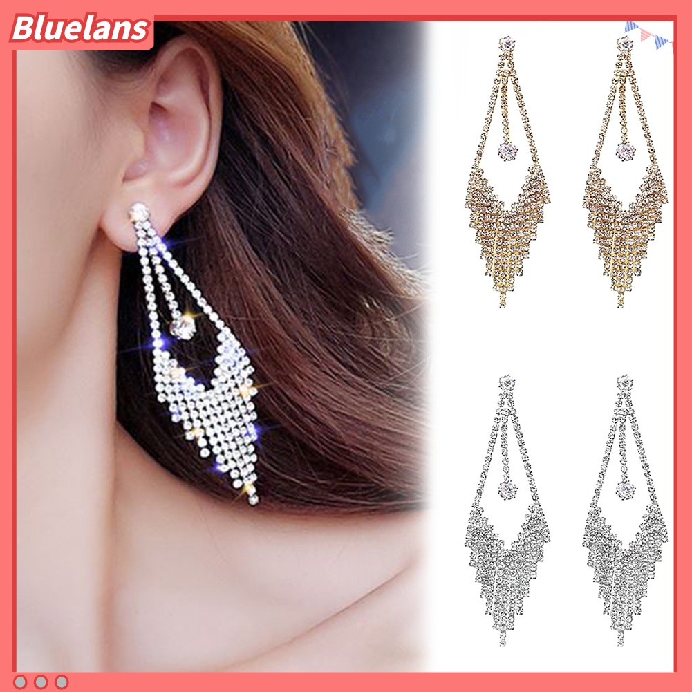 Anting Tusuk Gantung Panjang Wanita Desain Geometri Hias Berlian Imitasi + Rumbai Untuk Hadiah