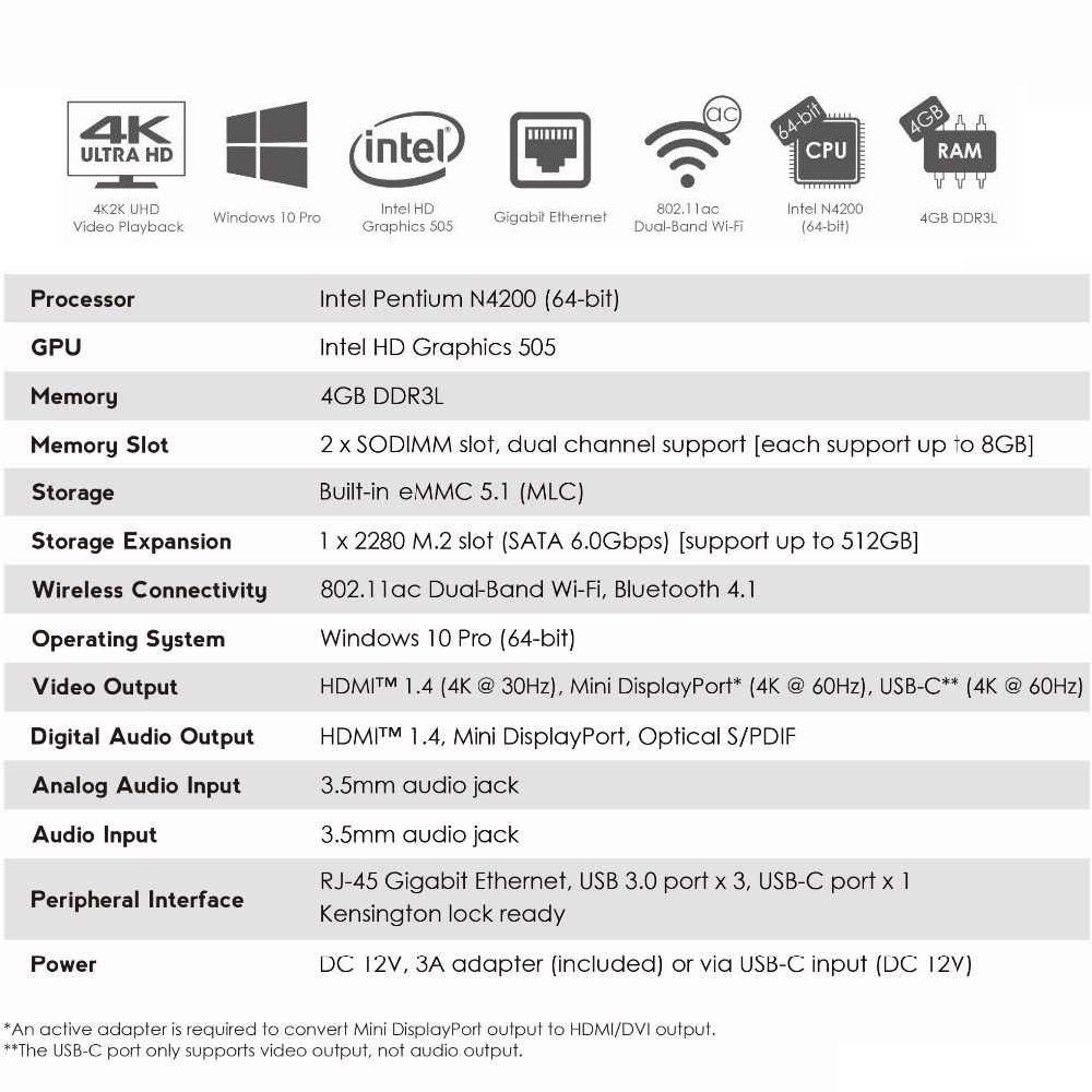 MINIX N42C-4 PLUS Mini PC - Intel N4200 RAM 4GB ROM 64GB - Windows 10 - MINI PC 4GB/64GB Expandable