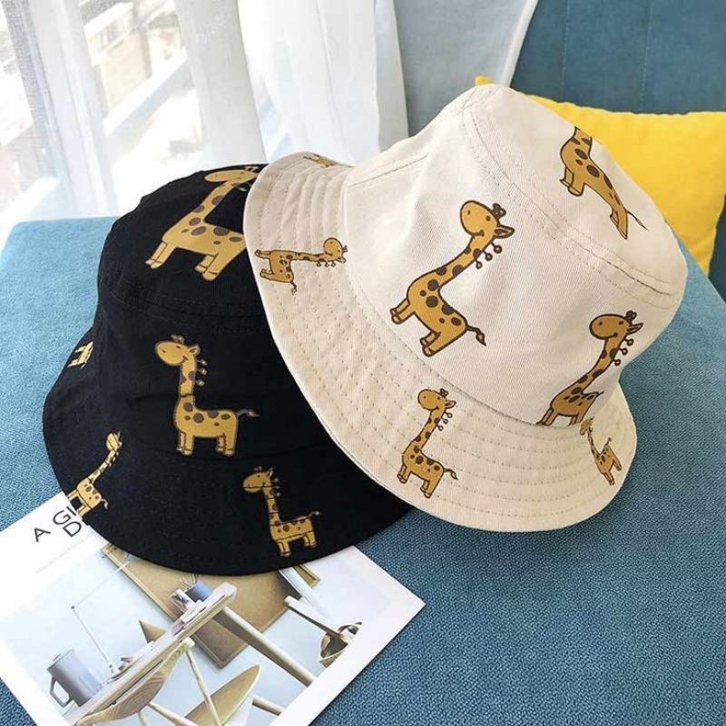 Topi Bucket Jerapah Kids Anak Ada Tali Sablon / Baby Bucket Hat Giraffe Cotton Unisex Laki Laki dan Perempuan 1-8 Tahun