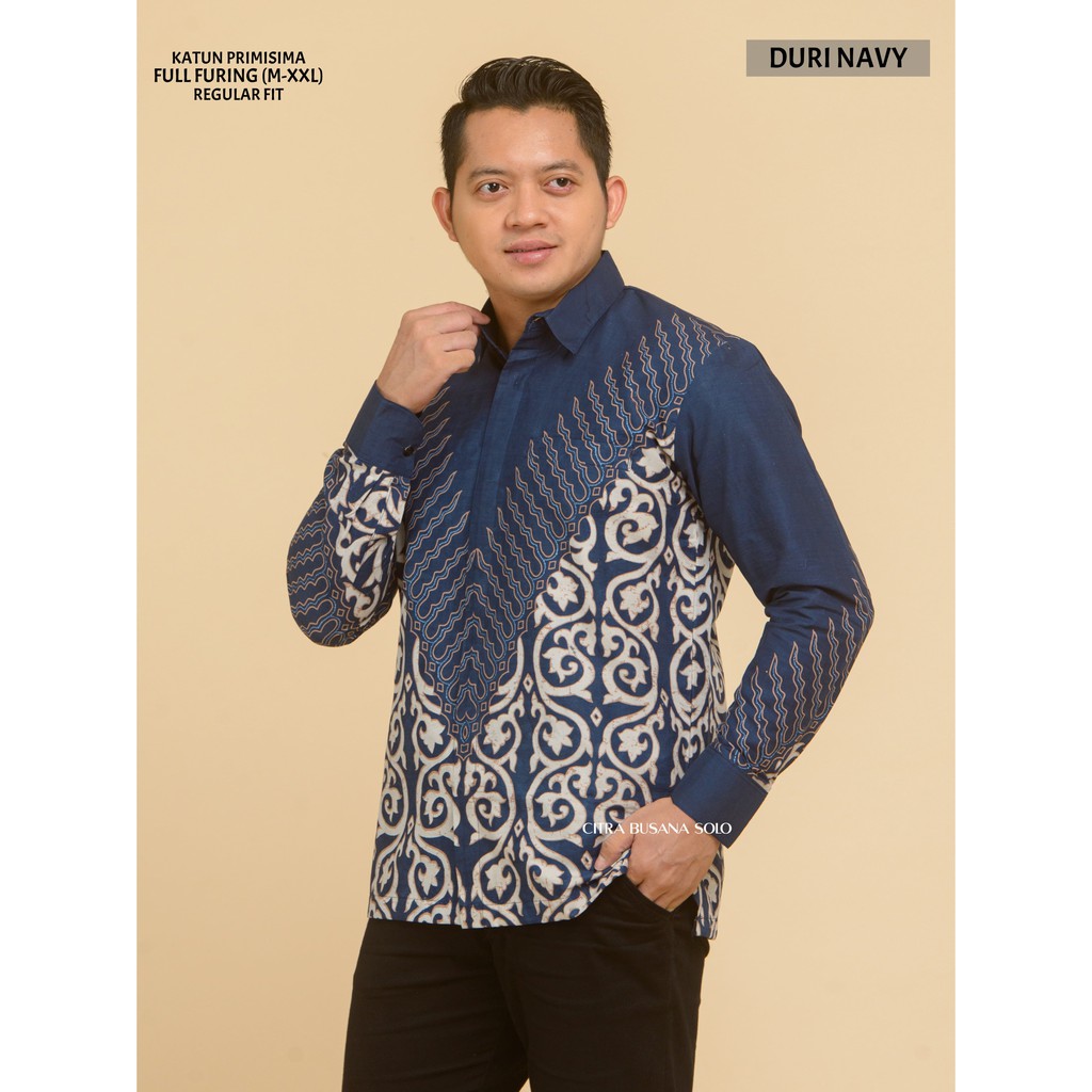 DURI NAVY Kemeja Batik Pria Lengan Panjang Full Furing Katun Primisima