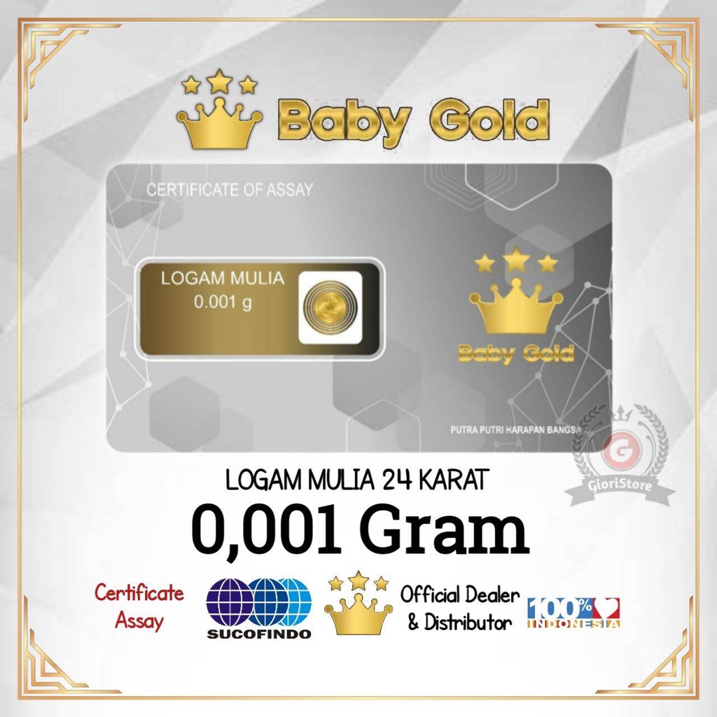Mostalkidsmall Logam Mulia 24 Karat 0.002 Gram Emas Mini Babygold Resmi Micro Gold Antam Minigold Asli Kecil Bandung Minigram