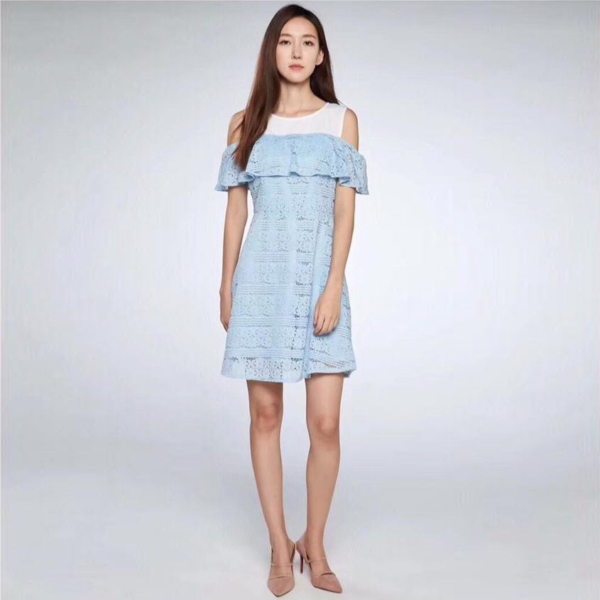 DRESS PESTA BROKAT LACE RENDA BIRU MUDA SABRINA OFF SHOULDER KOREA