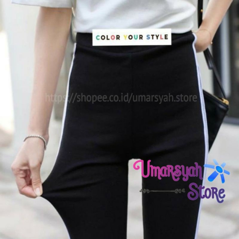 [Ukrn S-Jumbo] Celana  Legging List Strip Putih / Wanita Korea Legging / Celana Legging Sport Wanita