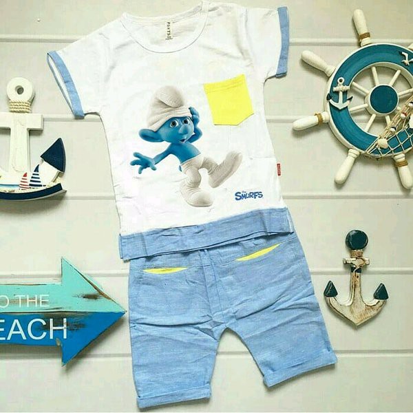 St Smurf Movie SL Pakaian setelan stelan anak laki-laki cowok celana kaos baju kemeja Spandex Biru