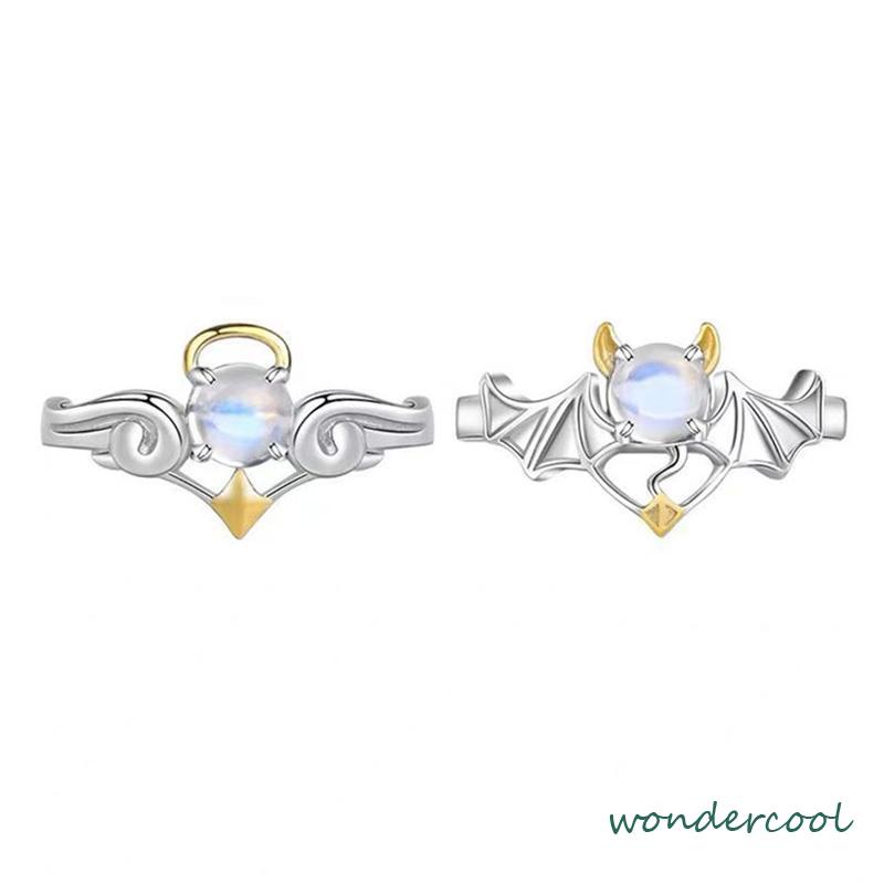 Perhiasan Cincin Pasangan Perak Biru Moonstone Malaikat Setan-Won
