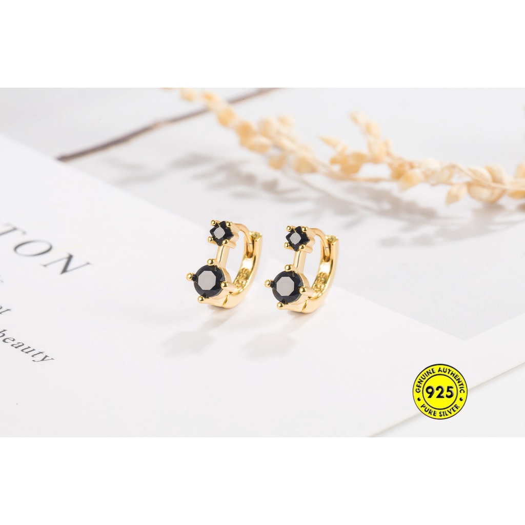 Anting Bulat Simple Warna Hitam Hias Berlian Imitasi Untuk Wanita U1027