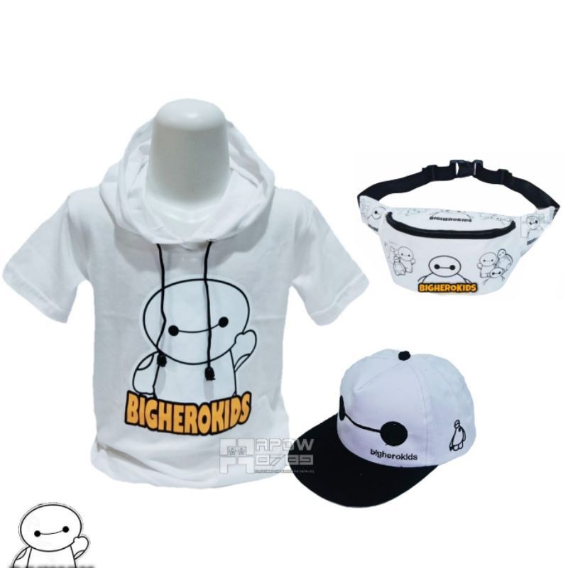 {BISA COD} Paket 3IN1 kaos Hoodie anak baymax / Tas Waistbag dan topi baymax