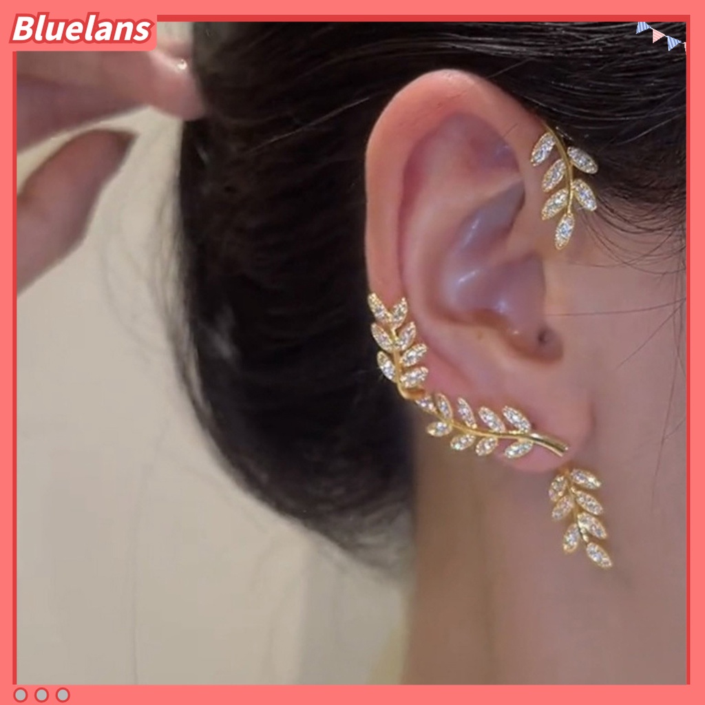 1pc Anting Klip Telinga Bentuk Daun Bahan Cubic Zirconia