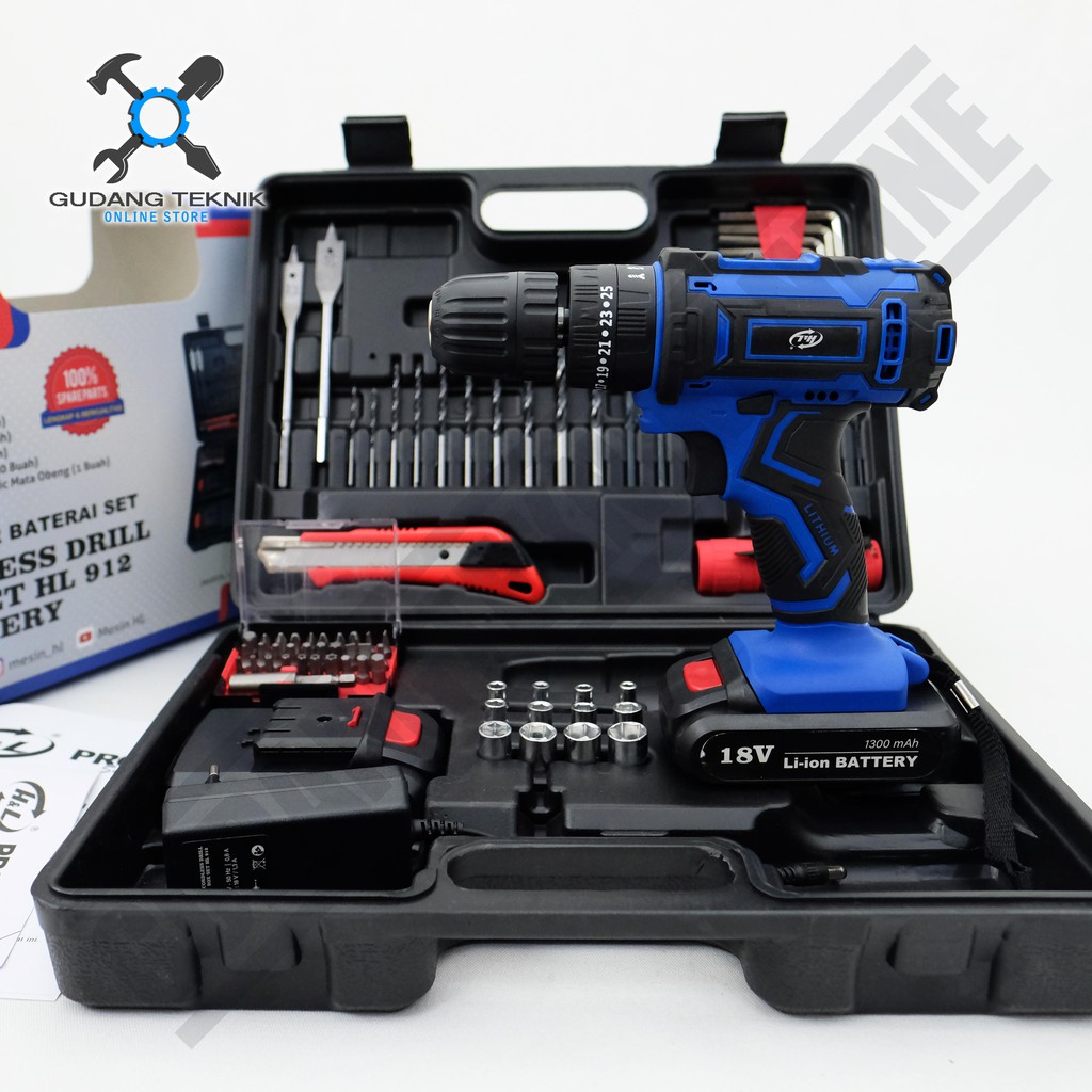 Mesin Bor Baterai 18V Set Cordless Drill Box Set HL 912 - 2 Battery 18 volt