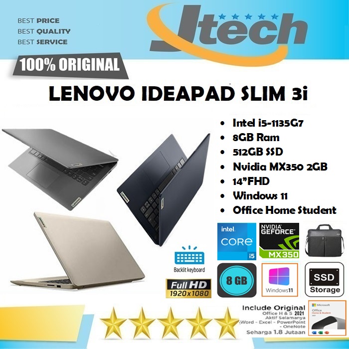 LENOVO IDEAPAD SLIM 3i - i5-1135G7 - 8GB - 512GB SSD -  NVIDIA MX350 2GB - 14&quot;FHD - WIN11 - OFFICE HOME STUDENT