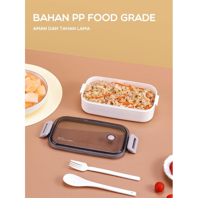 Bonbox Kotak Makan 2 Tingkat Lunch Box Susun Microwaveable Food Grade Material Plastik Dengan Alat Makan BTW40