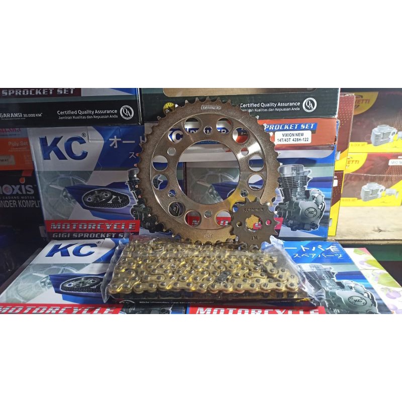 GEAR PAKET / GEAR SET KC PREMIER YAMAHA VIXION NEW 14T/43T 428H-122 TYPE SSS RANTAI GOLD