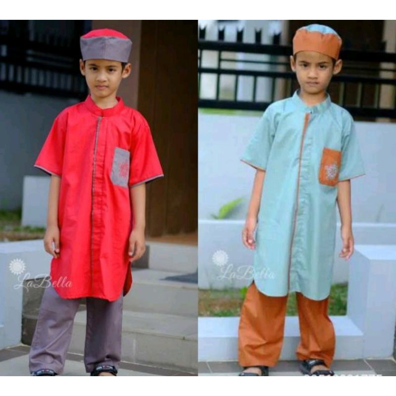 Baju Koko Anak Laki-laki Labella Biru Tosca dan Merah usia 3-6 tahun