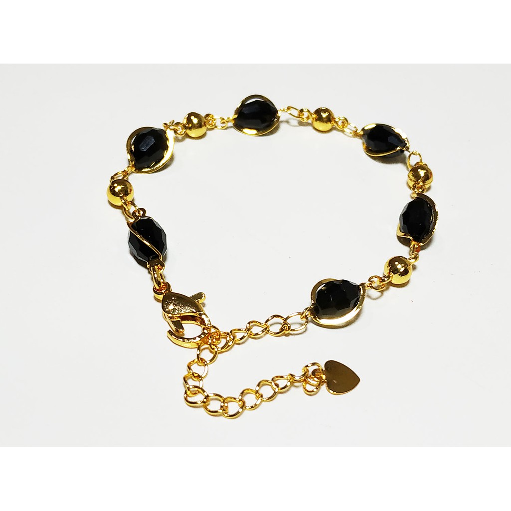 VeE Gelang Wanita Lapis Emas 18K Batu Giok Hitam Oval Cutting