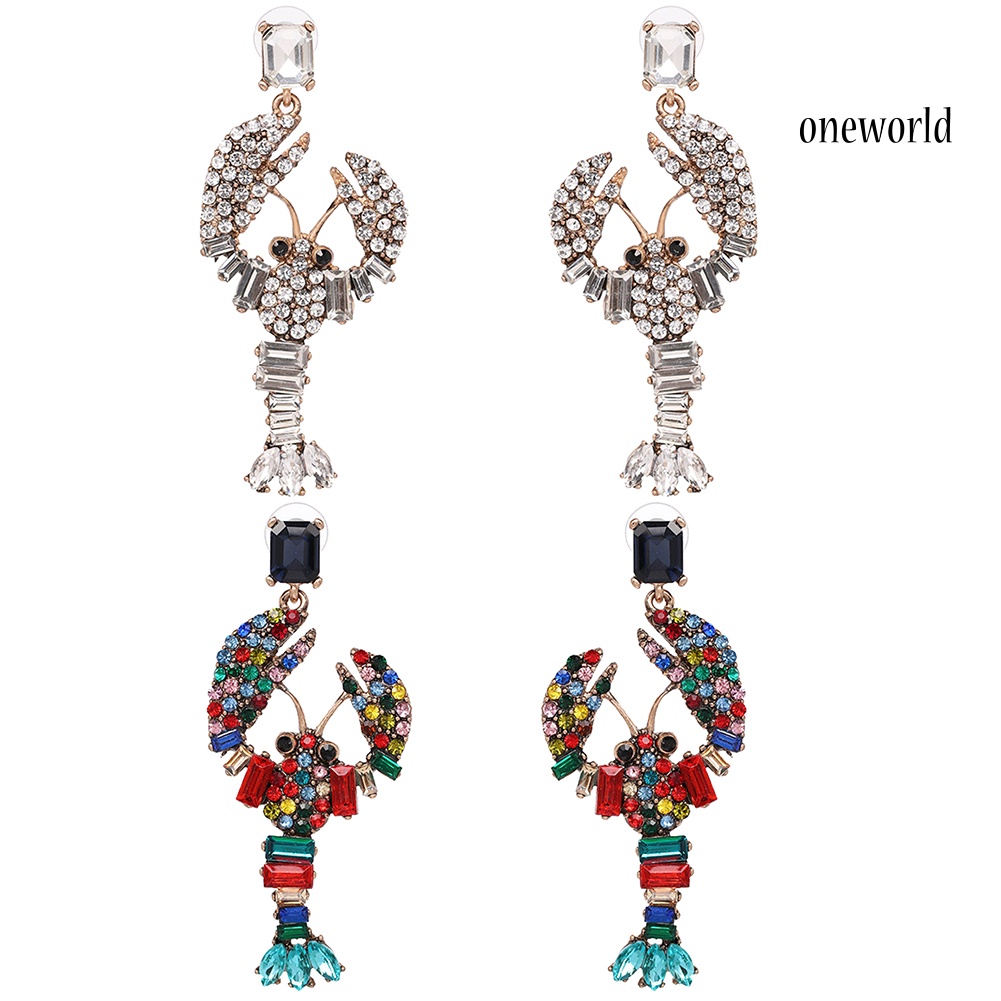 OW@ Creative Women Bling Rhinestone Inlaid Lobster Pendant Statement Stud Earrings