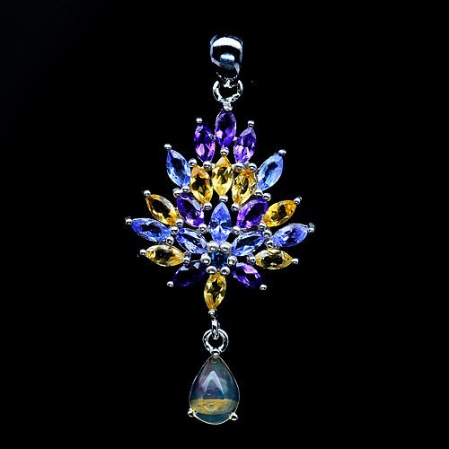 Batu Natural Permata Amethyst, Tanzanite, Citrine, Opal Liontin Kalung Perak