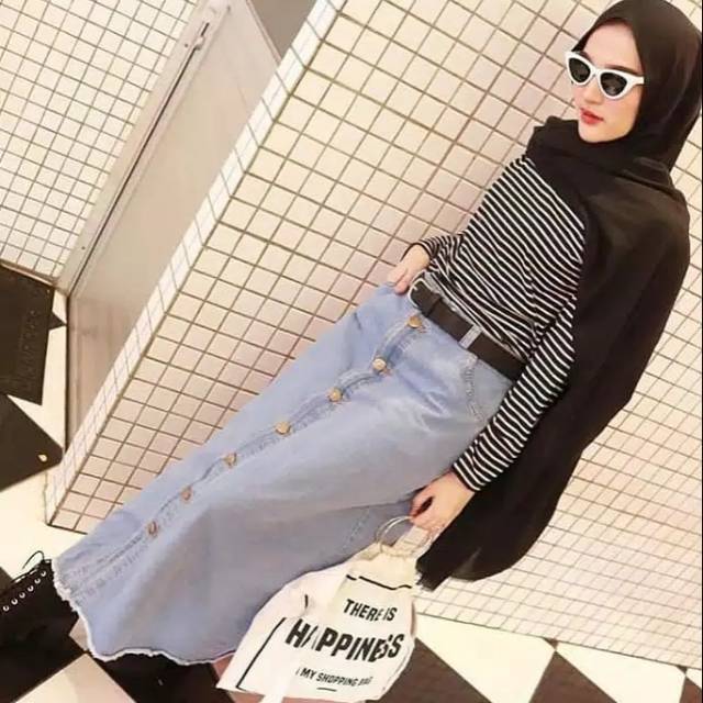 Button skirt rok jeans pakaian wanita