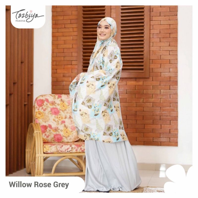 Mukena Tazbiya Willow Rose Pink Grey Jumbo Dewasa Katun Rayon Adem Motif Cantik Treveling