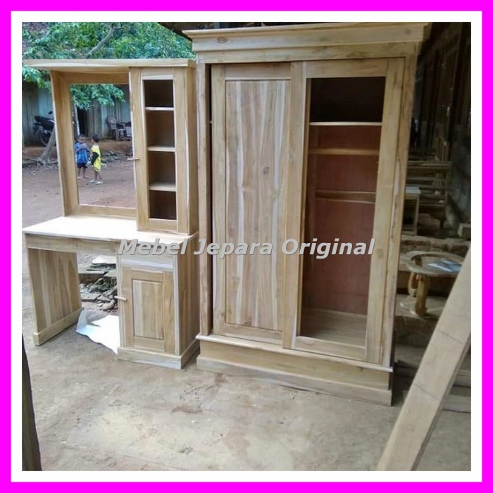 Almari Pakaian Jati - Lemari Baju Kayu Jati Sliding Pintu 2 Mentahan Original