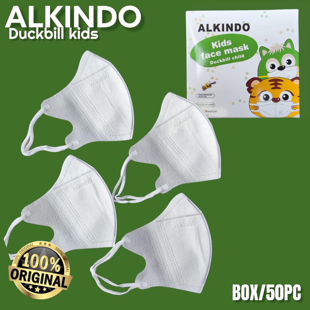 PER 1 BOX 50 PC - MASKER DUCKBILL ALKINDO ANAK KIDS PUTIH POLOS - WHITE FACE MASK 3PLY